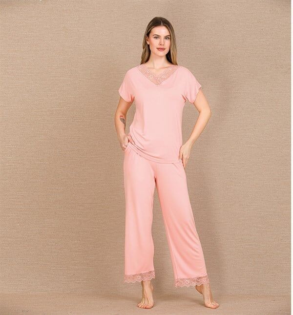 Arias Closet Viskon Şık Tasarım Dantel İşlemeli Açık Pembe Kısa Kol Pijama Takımı