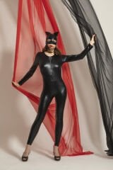 FANTEZİ DERİ KEDİ KIZ KOSTÜMÜ SİYAH (MGP6330)