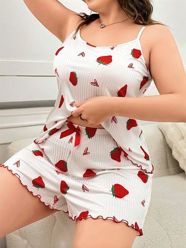 Arias Closet Büyük Beden Çilek Desen Pamuklu Şortlu Pijama Takımı