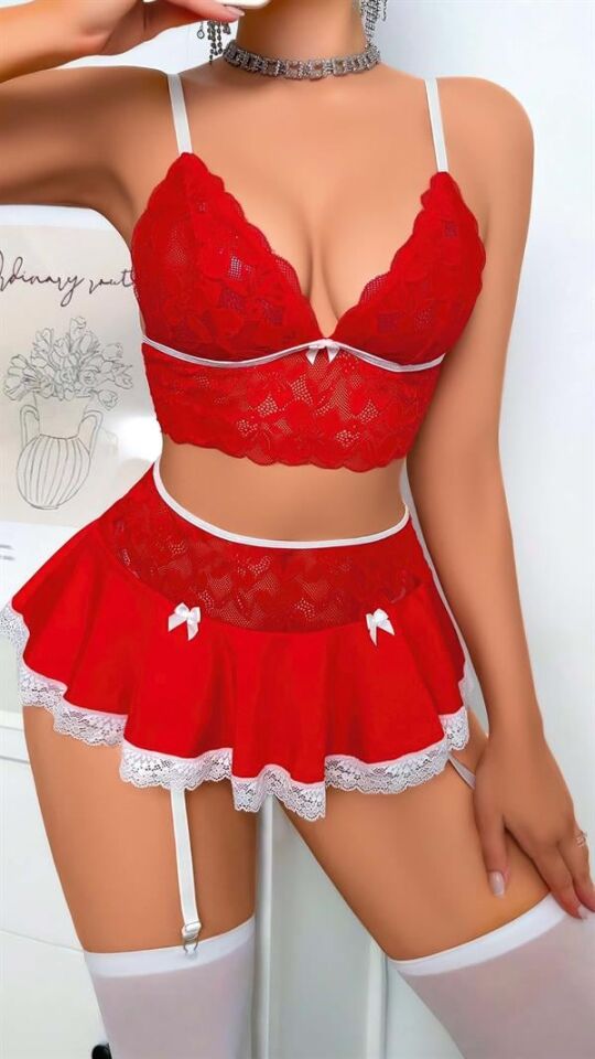 Arias Closet Kırmızı Dantel İşlemeli Büstiyerli Etekli Fantezi Kostüm
