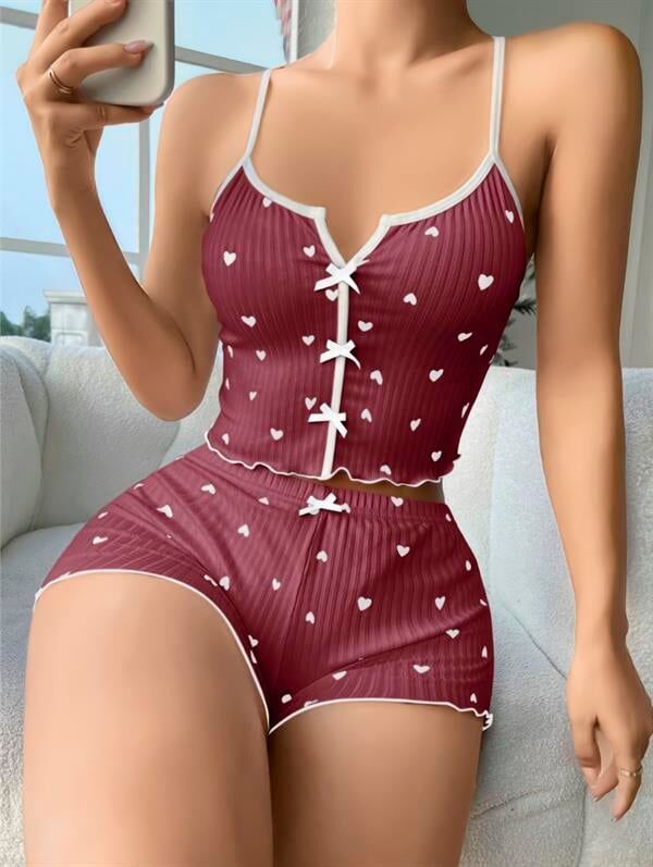 Arias Closet Pamuklu Kahverengi Üstüne Beyaz Kalp Desen Fitilli Askılı Şortlu Pijama Takımı