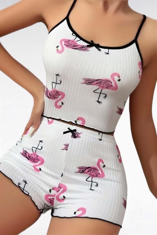 Arias Closet Pamuklu Beyaz Üstüne Pelikan Desen Fitilli Askılı Şortlu Pijama Takımı