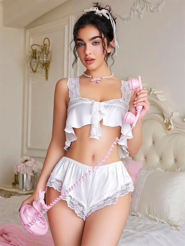 Arias Closet Beyaz Dantel İşlemeli Sütyenli Saten Şortlu Takım