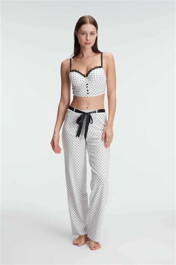 Arias Closet Fantezi Bralet Sütyen Pamuklu Puantiye Desenli Desteksiz Dantel Detaylı Pijama Takımı