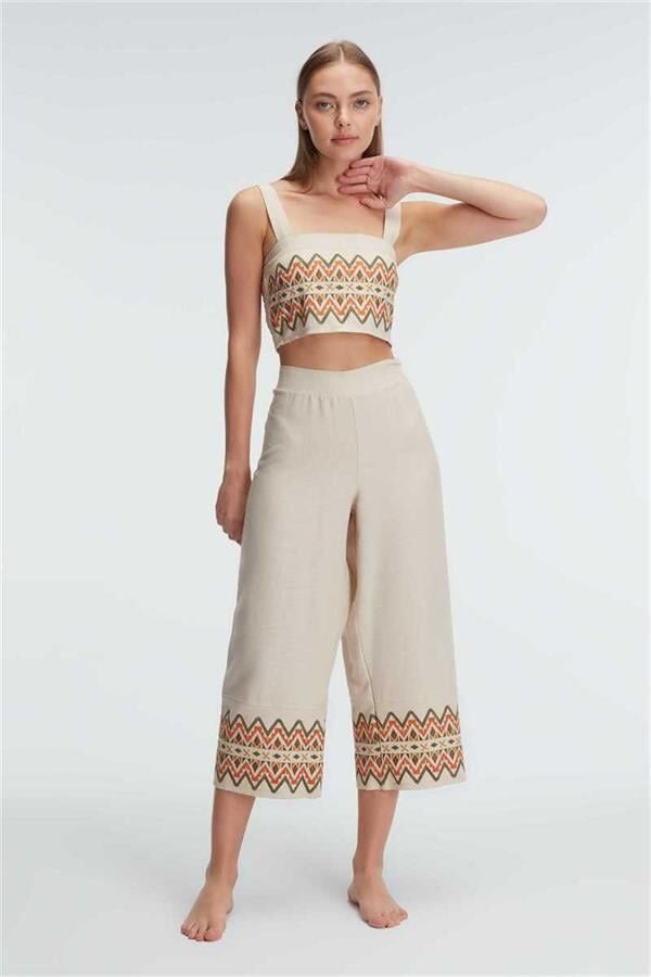 Arias Closet Askılı Oyuk U Yaka Geometrik Yazlık Uzun Nakış Detaylı Pijama Takımı