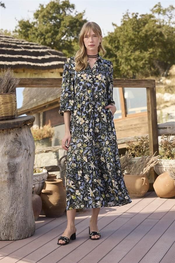 Arias Closet Çiçek ve Yaprak Desenli Truvakar Kollu Elbise