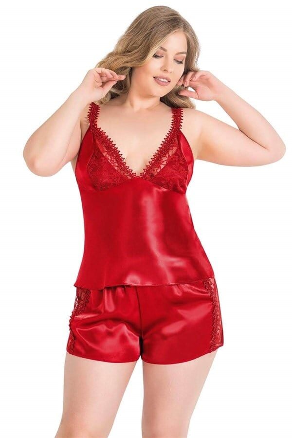 Arias Closet Büyük Beden Kırmızı Saten Babydoll Şort Takımı
