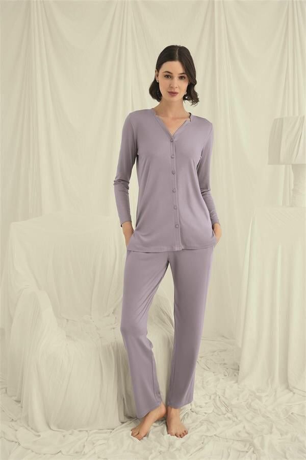 Arias Closet Uzun Kollu Boydan Düğmeli V Yaka Pijama Takımı