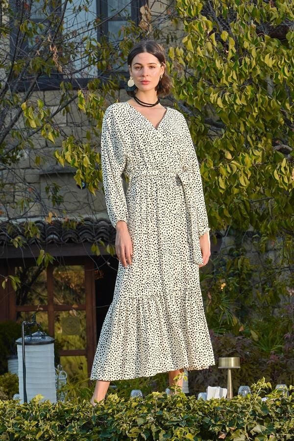 Arias Closet %100 Viskon Puantiye Desenli Kuşaklı Elbise