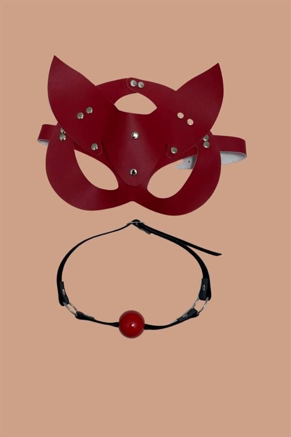 Arias Closet Kırmızı Deri Maske ve Ağız Topu Harness Aksesuar