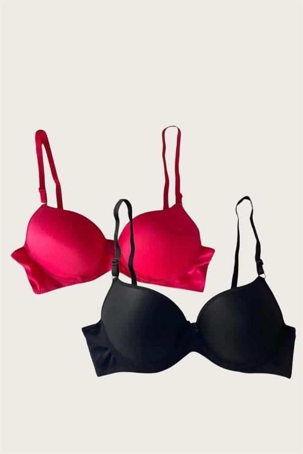 Arias Closet Siyah-Kırmızı 2'li Mikro Kumaş Push Up Dolgulu Balenli Günlük Destekli Sütyen