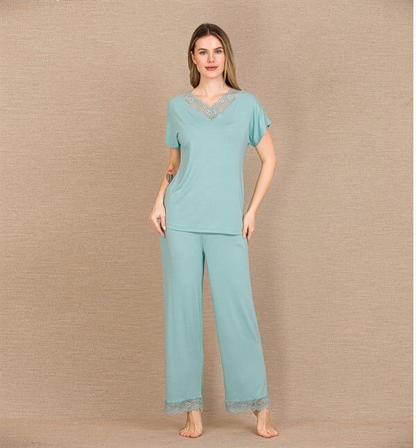 Arias Closet Viskon Şık Tasarım Dantel İşlemeli Mint Yeşil Kısa Kol Pijama Takımı
